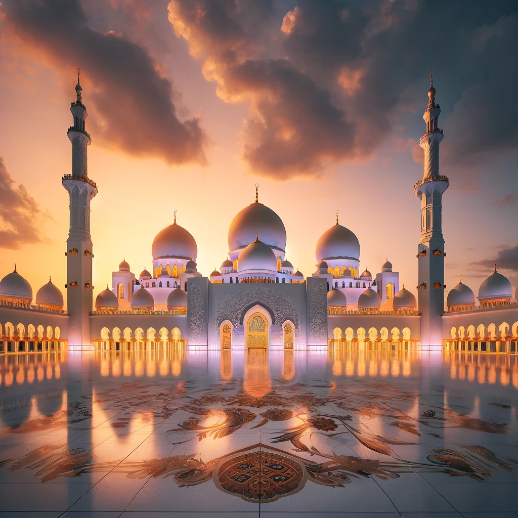 A photorealistic 8K HDR image of the Sheikh Zayed Grand Mosque in Abu Dhabi at sunset. The mosque is illuminated with golden lights reflecting on its