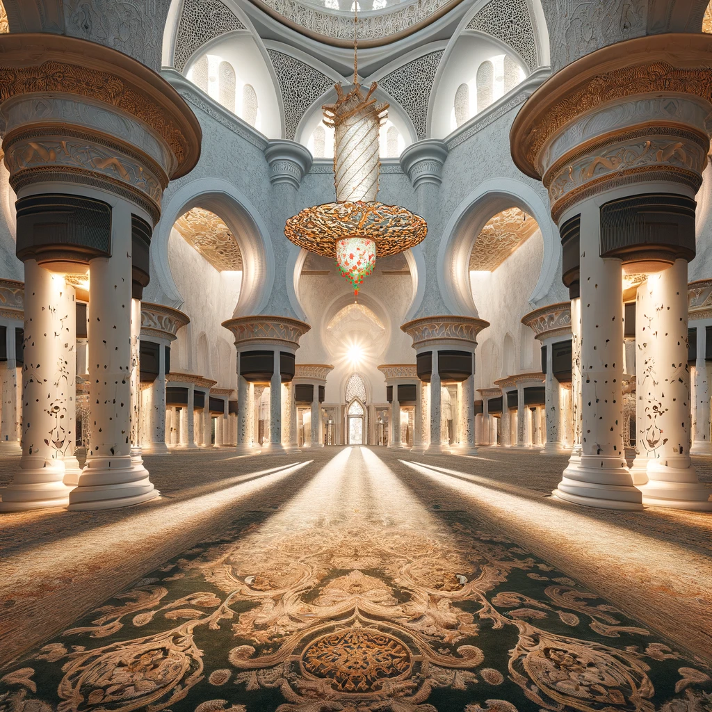 A photorealistic 8K HDR image showing the interior of the Sheikh Zayed Grand Mosque. The main prayer hall is depicted with intricate white marble colu