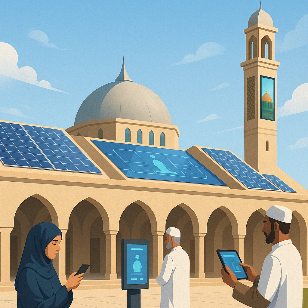 A futuristic smart mosque with solar panels, digital minaret screen, and Muslim worshippers using smart devices.